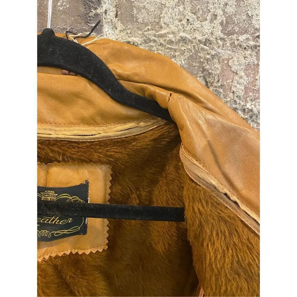 Genuine Leather Vintage 1970s Faux Fur Removable Liner Carmel Jacket • SIZE 40 - Picture 4 of 16